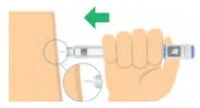 A hand holds an injector pen to apply it to the arm skin with a green arrow indicating the movement toward the
