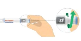 A hand holds a medical device with a green arrow indicating a movement toward the