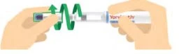 Two hands hold a white injectable pen with green arrows indicating a rotation or sliding motion along the device