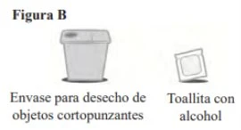 White sharps disposal container with an alcohol prep wipe beside it on a white background