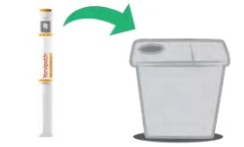 A Yonipath injector pen is inserted into a gray disposal container via a curved green arrow