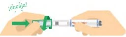 Two hands snapping and rotating the top part of an injectable pen onto a cylindrical body with directional green arrows
