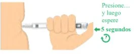 A hand holds an injector pen against the thigh and a green arrow indicates to wait 5 seconds with a