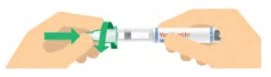 Two hands hold an injectable pen while a green arrow indicates rotating the top part of the device for preparation