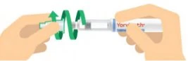 Two hands hold an injectable pen with green arrows indicating a back-and-forth oscillating motion for the