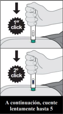 Diagramma in due fasi che mostra una mano che preme un dispositivo medico sulla pelle, con indicazioni di primo e secondo click e una freccia verso il basso