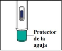 Dispositivo medico bianco con un indicatore blu e un cappuccio protettivo verde alla base con la scritta Protector de la aguja