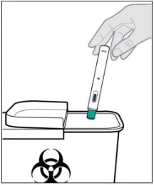 Una mano tiene un dispositivo medico a penna e lo inserisce in un contenitore per lo smaltimento con simbolo di rischio biologico