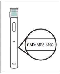 Disegno tecnico di una penna iniettiva con un ingrandimento che mostra uno spazio per scrivere data, mese e anno con la dicitura CAD MES AÑO