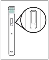 Disegno tecnico di un dispositivo medico cilindrico bianco con un ingrandimento circolare che mostra un dettaglio di una finestra rettangolare centrale
