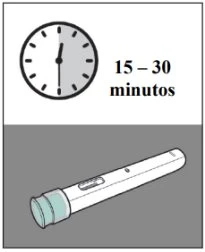 Icona di un orologio analogico che indica un intervallo di 15-30 minuti accanto a un dispositivo medico a forma di penna cilindrica bianca