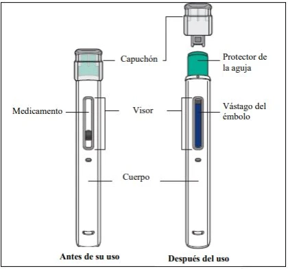 Schema tecnico di un dispositivo medico con etichette in spagnolo che mostrano il cappuccio, il visore, il farmaco, l'asta dell'embolo e il corpo prima e dopo l'uso