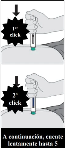 Diagramma medico con due fasi che mostrano una mano che preme un dispositivo iniettore sulla pelle con indicazioni di primo e secondo click