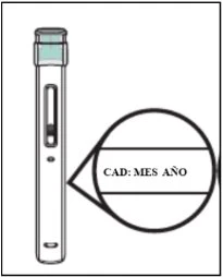 Disegno tecnico di una penna iniettiva bianca con un ingrandimento circolare che mostra la scritta CAD: MES AÑO su una sezione orizzontale