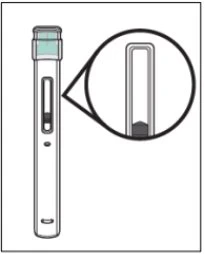 Disegno tecnico di una penna iniettore medica con un ingrandimento circolare che mostra il dettaglio della finestra di controllo del dosaggio