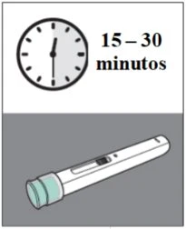 Orologio analogico con lancette che indicano l'ora e la scritta 15-30 minutos accanto a un dispositivo medico a forma di penna in basso