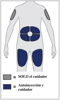 Diagramma del corpo umano con zone grigie sulle braccia e zone blu scuro sulla schiena e sulle cosce per indicare i siti di iniezione