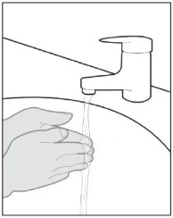 Disegno lineare di due mani che si lavano sotto un getto d'acqua che esce da un rubinetto sopra un lavandino