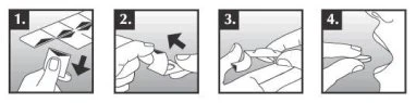 Sequenza di quattro passaggi illustrati: aprire la confezione, strappare la bustina, estrarre il contenuto e applicarlo sulla pelle