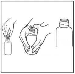 Disegno in bianco e nero che mostra tre fasi: una mano che apre un flaconetto, due mani che stringono il flacone e un flacone aperto