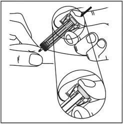 Disegno tecnico che mostra due mani che impugnano un dispositivo medico a penna con un ingrandimento del dettaglio della parte superiore