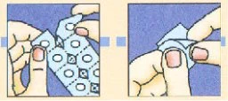 Two hands opening and folding a white plastic wrapper with small circles and dashed lines on a blue background