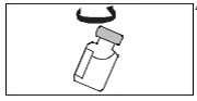 Schematic drawing of a tilted vial with a curved arrow above the cap indicating the unscrewing or opening motion