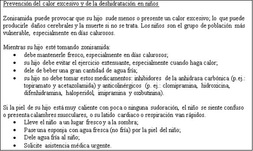 Medical text in Spanish on prevention of heat-related illness and dehydration in children taking zonisamide, with listed tips and warnings