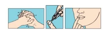 Tre illustrazioni mostrano mani che si strofinano, una mano che applica una crema su un dito e un dito che tocca le labbra
