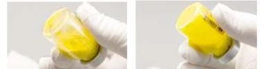 Two side-by-side images show a gloved hand holding a vial of yellow liquid tilted to facilitate withdrawal