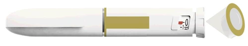 White medical autoinjector with golden band and dose indicator showing a numerical scale from 0 to 1, and protective cap separated on the right