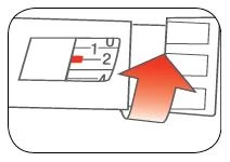 Technical drawing of a medical device with a red arrow pointing to a numerical indicator marked between 1 and 2 units
