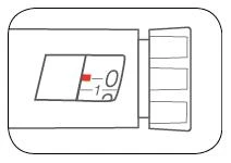 Technical diagram of a medical device with a viewing window showing a graduated scale marked 0 and 1, and a red indicator