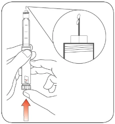 Technical drawing of hands holding an injection pen with an enlargement showing detail of the tip