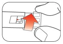 Two fingers moving a part of a medical device to the right, indicated by a red arrow above a numerical scale with the number 8