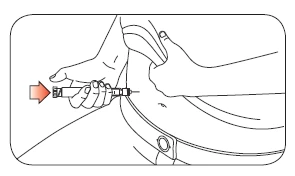 Line drawing showing two hands holding an injection pen to administer medication on the