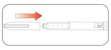 Horizontal red arrow indicating the movement of inserting a protective cap onto the tip of a medical injection pen