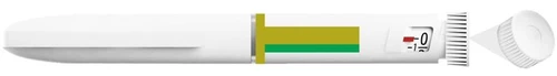 White injection pen with yellow and green dose indicator and numerical scale from 0 to -1, with transparent protective cap on the right