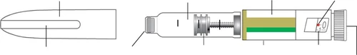 Technical schematic of a medical device with components highlighted by reference lines indicating internal and external parts