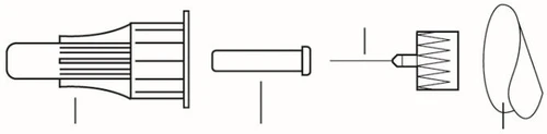 Black-and-white technical diagram showing separated components of an injection medical device including syringe and needle