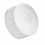 White plastic circular cap with grooved edges and smooth top surface with a slight central circular protrusion