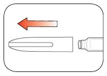 Red arrow pointing left above a medical device and a glass vial placed separately on a white background