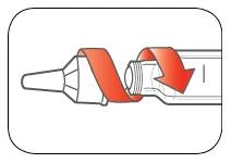 Diagram showing a curved red arrow indicating rotational movement to screw or unscrew a cap onto or from a medical vial