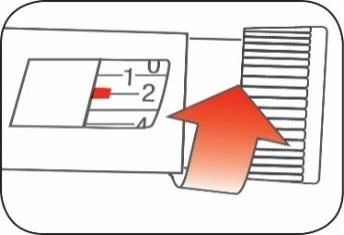Technical diagram of a medical device with a numerical scale from 0 to 4 and a red arrow indicating downward movement