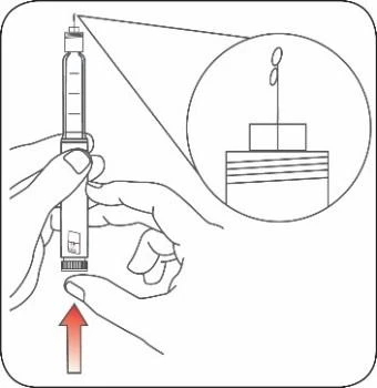 Technical drawing showing two hands holding a medical device with an enlargement of the tip