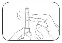 Line drawing of two hands holding a syringe vertically to prepare the injection