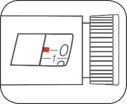 Technical drawing of a medical device with a viewing window showing numbers 0 and 1 and a red indicator between them