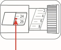 Technical drawing of a medical device with a numerical scale from 2 to 8 and a red arrow pointing to the number 24