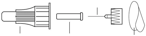 Black-and-white technical schematic showing separated components of a medical device including syringe, plunger, needle, and distal end
