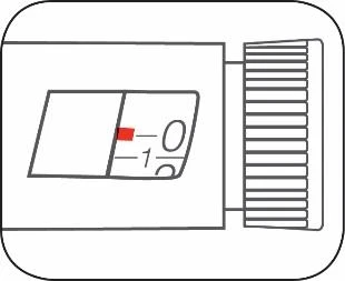 Technical drawing of a display with numbers 0, 1, and 2, and a red indicator positioned between zero and one